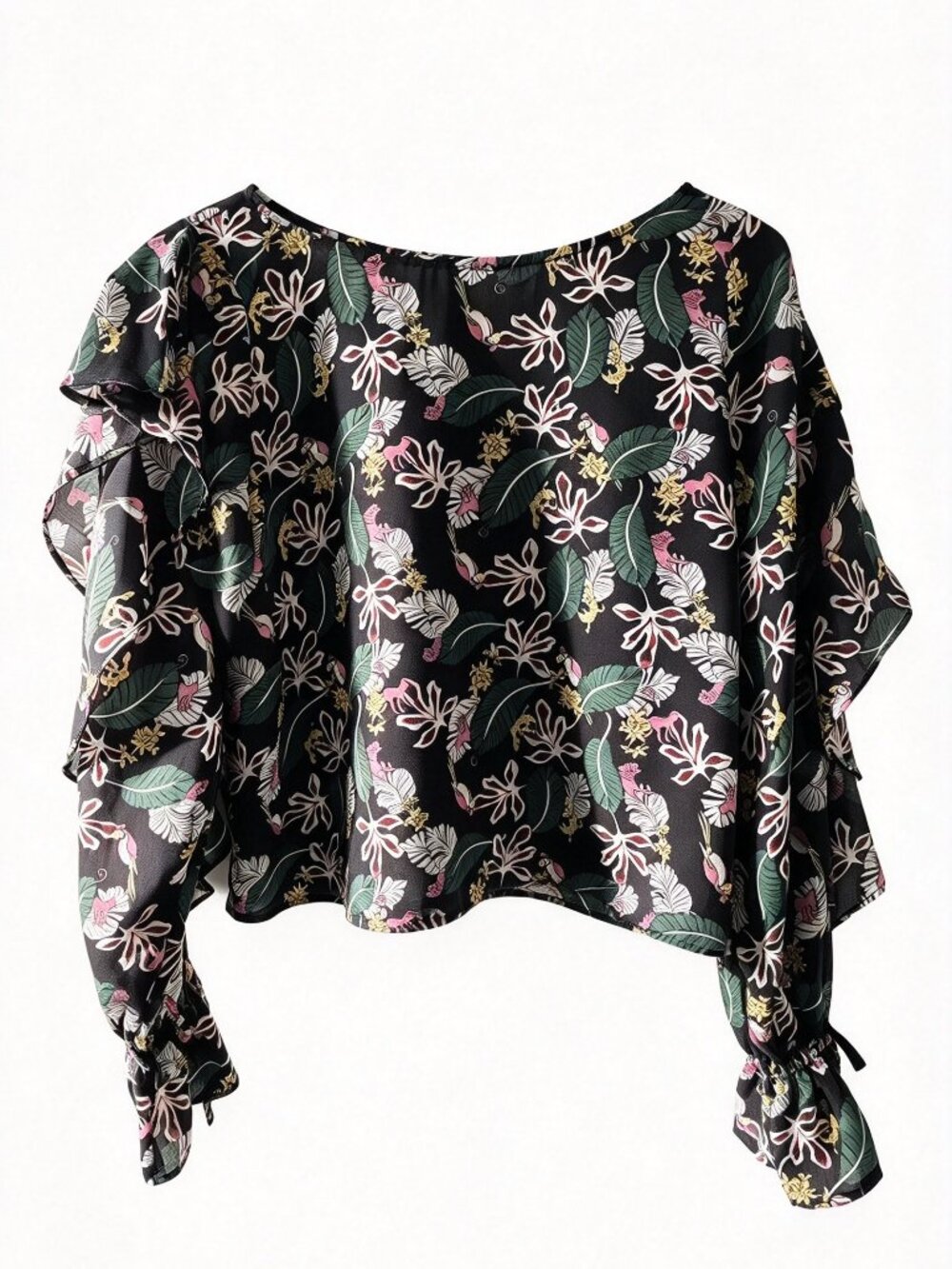 Black Tropical Floral Blouse – Ruffle Sleeves